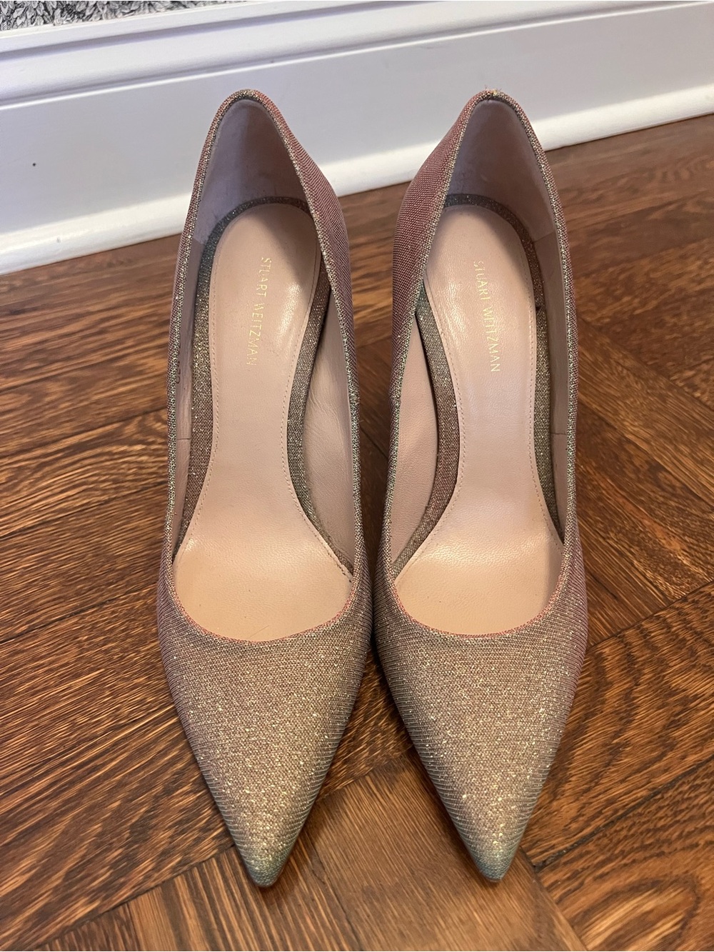 Stuart Weitzman Rose Gold Glitter Pointed-Toe Pumps